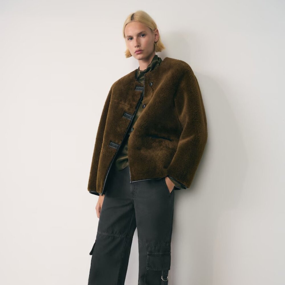 Mango Olive Green Fur-effect coat with appliqués - Worn less than 5 times